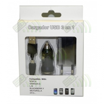Cargador de Red y Coche USB 3 en 1 Micro USB Negro