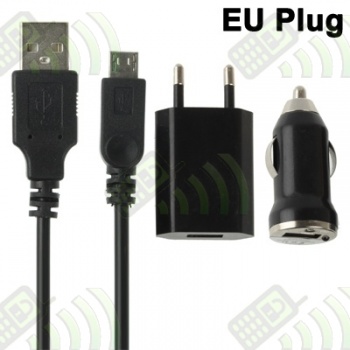 Cargador de Red y Coche USB 3 en 1 Micro USB Negro 1A