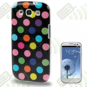Funda TPU Samsung Galaxy S3 i9300 Negra con Lunares de Colores.